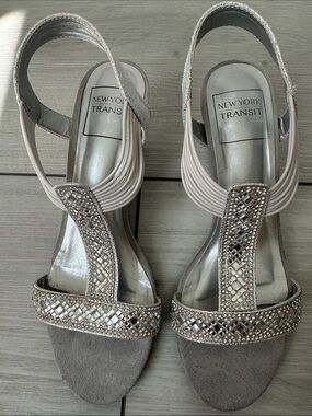 New York Transit Silver Beaded T-Strap Slingback Heels